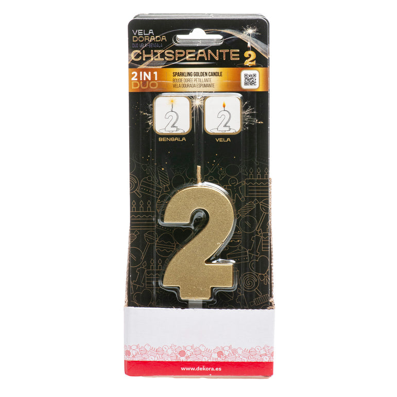 Number 2 Sparkling Gold Birthday Candle