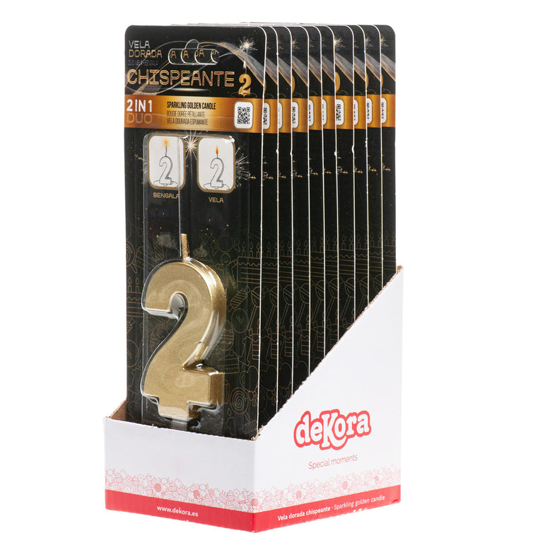 Number 2 Sparkling Gold Birthday Candle