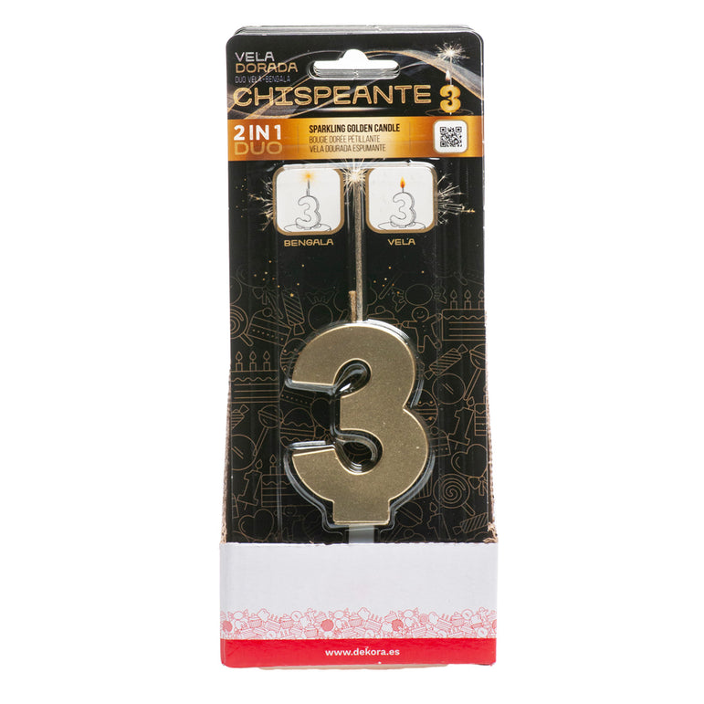 Number 3 Sparkling Gold Birthday Candle