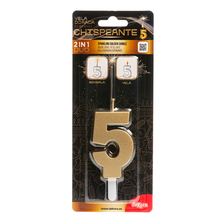 Number 5 Sparkling Gold Birthday Candle