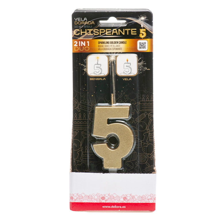Number 5 Sparkling Gold Birthday Candle