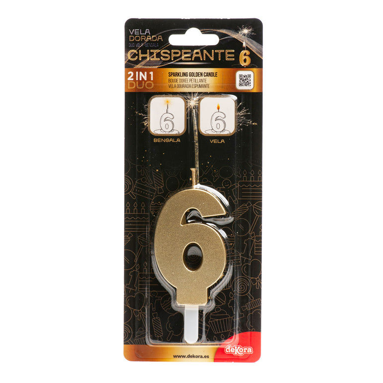 Number 6 Sparkling Gold Birthday Candle