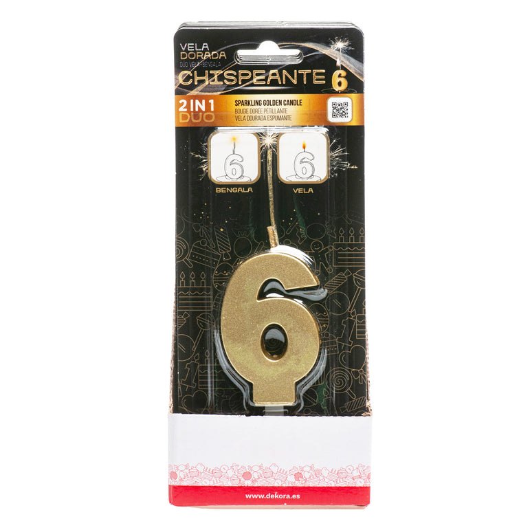 Number 6 Sparkling Gold Birthday Candle