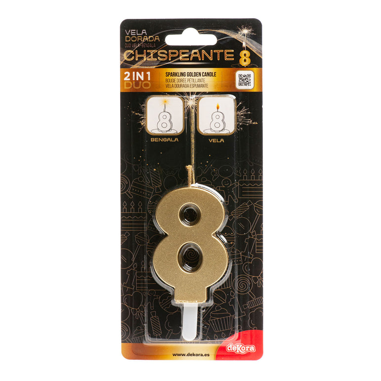 Number 8 Sparkling Gold Birthday Candle