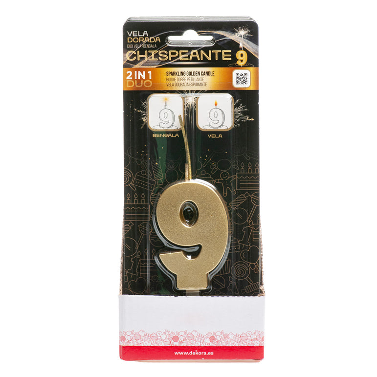 Number 9 Sparkling Gold Birthday Candle