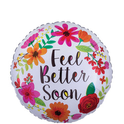 A round foil balloon with a floral pattern and the message 'Feel Better Soon' in the center.