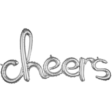 Cheers Script Phrase Silver Foil Balloon 101x53cm Balloons & Streamers - Party Centre