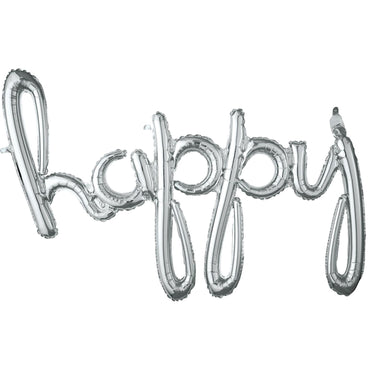 Happy Script Phrase Silver Foil Balloon 99x68cm Balloons & Streamers - Party Centre