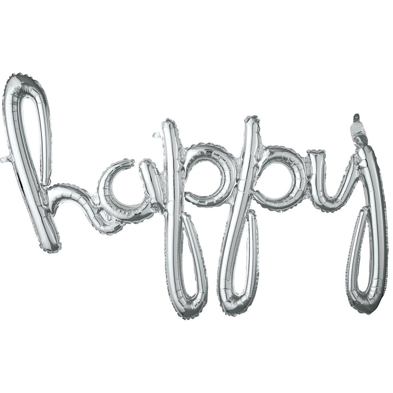 Happy Script Phrase Silver Foil Balloon 99x68cm Balloons & Streamers - Party Centre