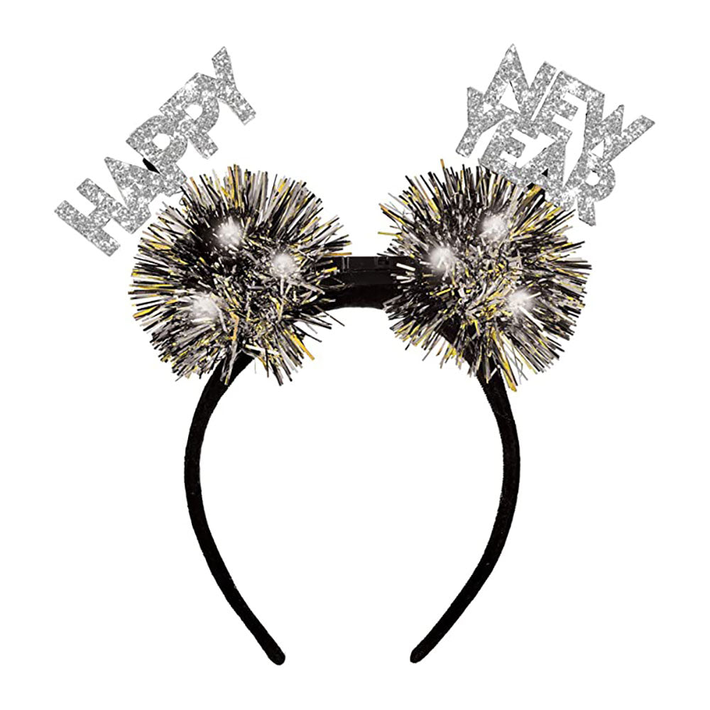 Happy New Year Light-Up Pom Pom Glitter & Foil Headband