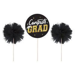 Congrats Grad Pom-Pom Centerpiece Picks-Hot Stamped 4in 3pcs