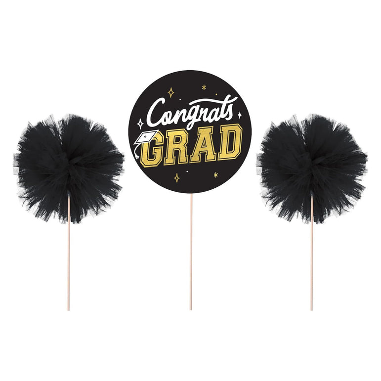 Congrats Grad Pom-Pom Centerpiece Picks-Hot Stamped 4in 3pcs