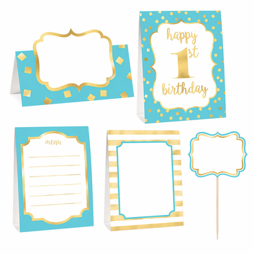 Collection of birthday party cards with blue and gold design elements on a white background.