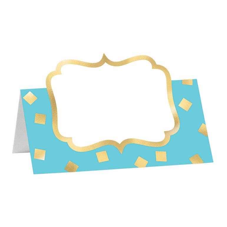 Place card with gold border and blue background