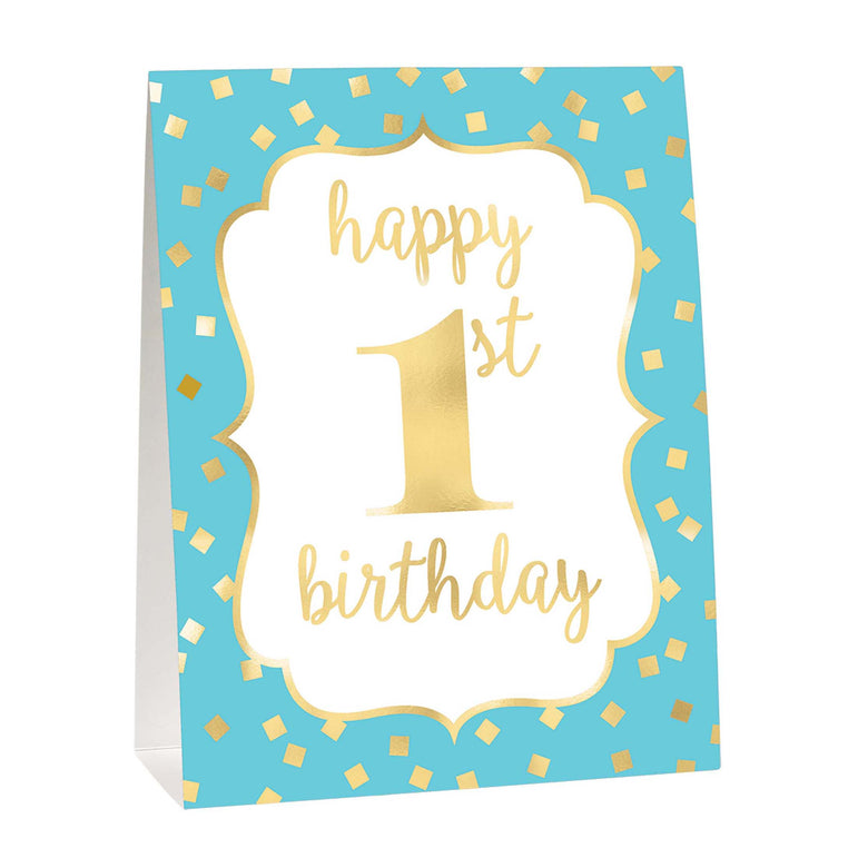 Happy 1st birthday card with gold text on a blue background