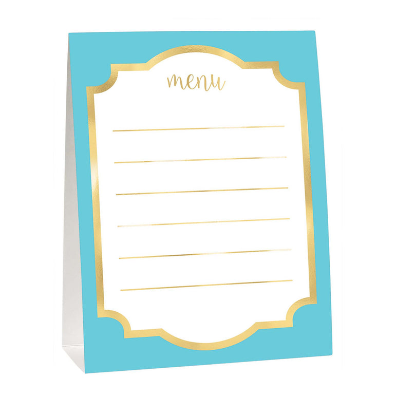Menu card with blue border and gold text on a white background