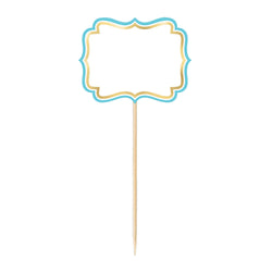 Decorative pick with a blue and gold border on a white background