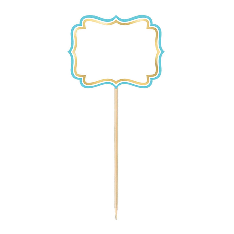 Decorative pick with a blue and gold border on a white background