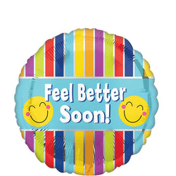 A colorful striped foil balloon with 'Feel Better Soon!' text and smiley face design.