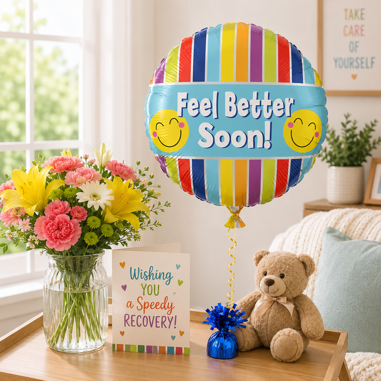 A colorful foil balloon with vertical rainbow stripes and the text 'Feel Better Soon!' with two yellow smiley faces, displayed on a wooden table next to a bouquet of flowers, a teddy bear, and a recovery card in a bright living room setting.
