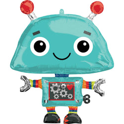A foil balloon designed to look like a cartoon robot with a blue body, red and multicolor accents, and the number 8 on its chest.