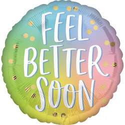 A round multicolor ombre foil balloon with the message 'FEEL BETTER SOON' in the center.