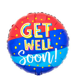 A round foil balloon with 'GET WELL SOON!' text in red, blue, and white colors with polka dots.