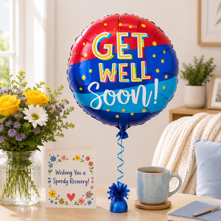 A round foil balloon with a red, white, and blue design reading 'GET WELL Soon!' is displayed on a table next to a floral arrangement, a recovery card, a mug, and a notebook in a bright living room setting.