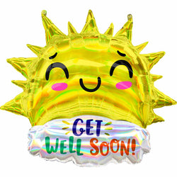 A uninflated yellow foil balloon with a sun design and a get well soon message in a bubble at the bottom.