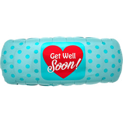 A blue, heart-shaped foil balloon with polka dots and the message 'Get Well Soon' in a red banner.