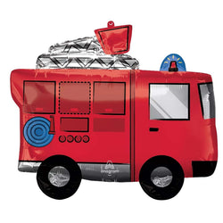 An inflatable balloon shaped like a red fire truck with details such as windows, wheels, and a ladder on top.