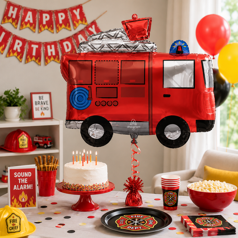 A red fire truck shaped foil balloon is displayed as the centerpiece of a birthday party setup, surrounded by a birthday cake, balloons, a 'HAPPY BIRTHDAY' banner, and fire-themed party decorations.