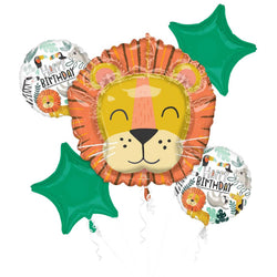 A bouquet of birthday balloons including a balloon designed like a lion's face with a happy expression, alongside other balloons with various patterns and messages.