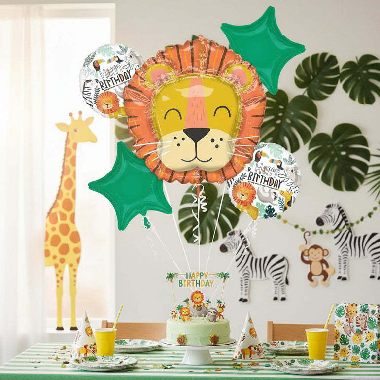 A set of animal-themed foil balloons, including a large lion face balloon in the center, two green star balloons, and two white balloons with colorful safari illustrations and 'Happy Birthday' text.