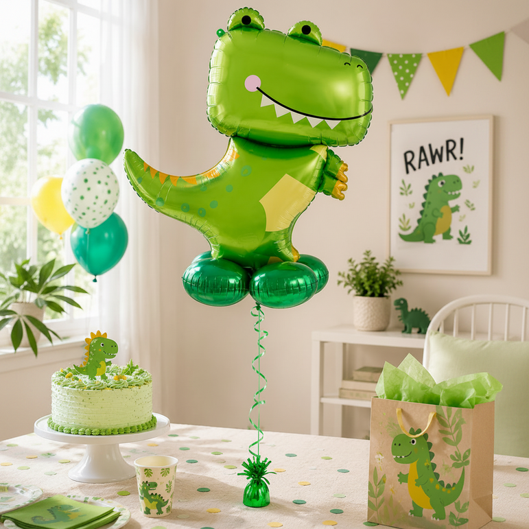 A large green dinosaur-shaped foil balloon floating above a decorated party table. The scene includes a green and white cake, matching party cups, a paper bag, bunting, and a framed dinosaur print in a bright indoor party setting.