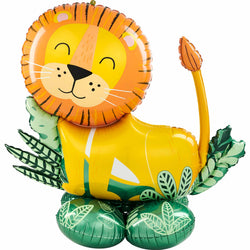 A foil balloon designed to look like a lion with yellow, orange, and green colors, featuring a smiling face and inflated to show the shape of the lion.