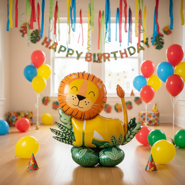Inflatable lion balloon with green leaves on a white background