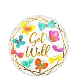 A round white and gold foil balloon with the phrase 'Get Well' surrounded by colorful butterflies.