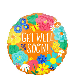 An orange foil balloon with a colorful floral pattern and the text 'GET WELL SOON!' in the center.