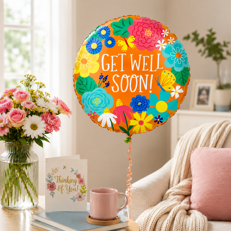 A round foil balloon with a colorful floral border and the words 'GET WELL SOON!' floating in a bright living room setting next to a vase of flowers, a card, and a pink mug.