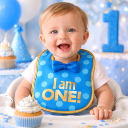 Baby wearing a blue bib with 'I am ONE!' text, surrounded by birthday decorations.