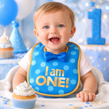 Baby wearing a blue bib with 'I am ONE!' text, surrounded by birthday decorations.