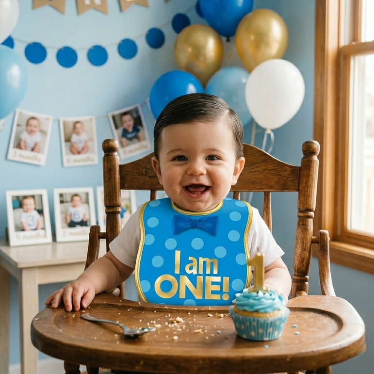 Child celebrating a first birthday with balloons and a cake, wearing a bib that says 'I am ONE!'.