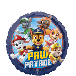 A round foil balloon featuring characters from the Paw Patrol series, including a dog character in a blue uniform and others in red, white, and brown outfits.