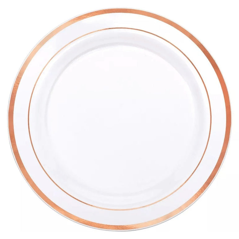 White Premium Plates H-S Rose Gold Trim Plastic 10in, 20pcs