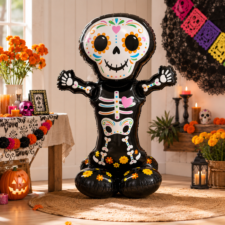 A large black skeleton-shaped foil balloon decorated with colorful Day of the Dead floral details, standing upright in a decorated Halloween room setting.