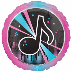 A round, pink and black jumbo foil balloon with a musical note and stars pattern.