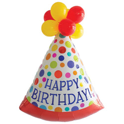 A colorful birthday party hat balloon with 'HAPPY BIRTHDAY' text and balloon accents.