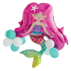 A pink latex balloon with a mermaid design, featuring a character with a starfish on its head and holding a blue handle.
