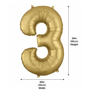 Gold number 3 balloon with dimensions on a white background